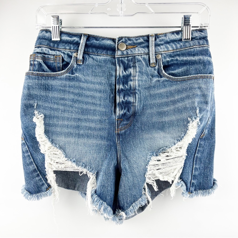 Good American High Waist Distressed Blue Shorts